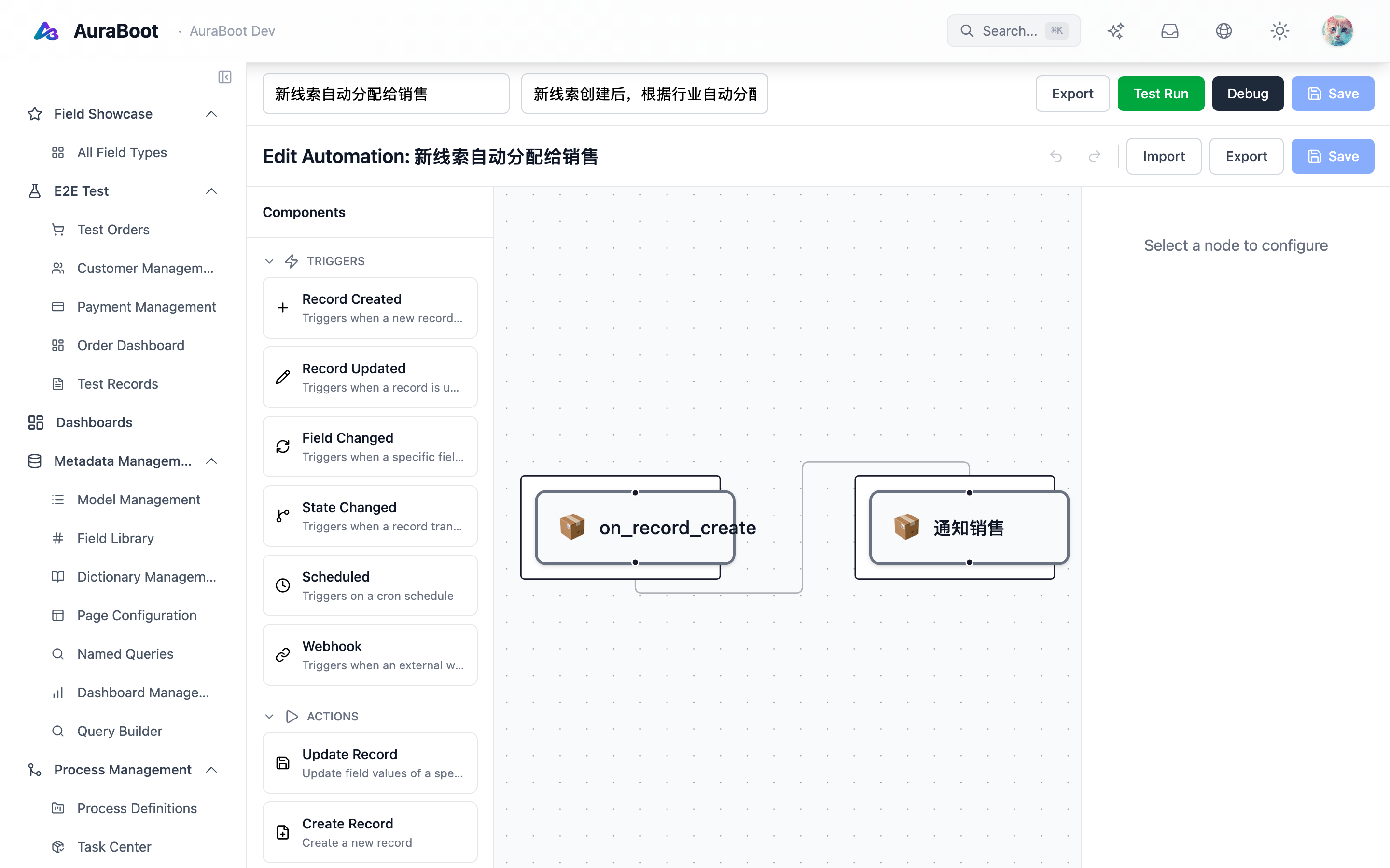 Automation graph editor — trigger → action nodes on the canvas
