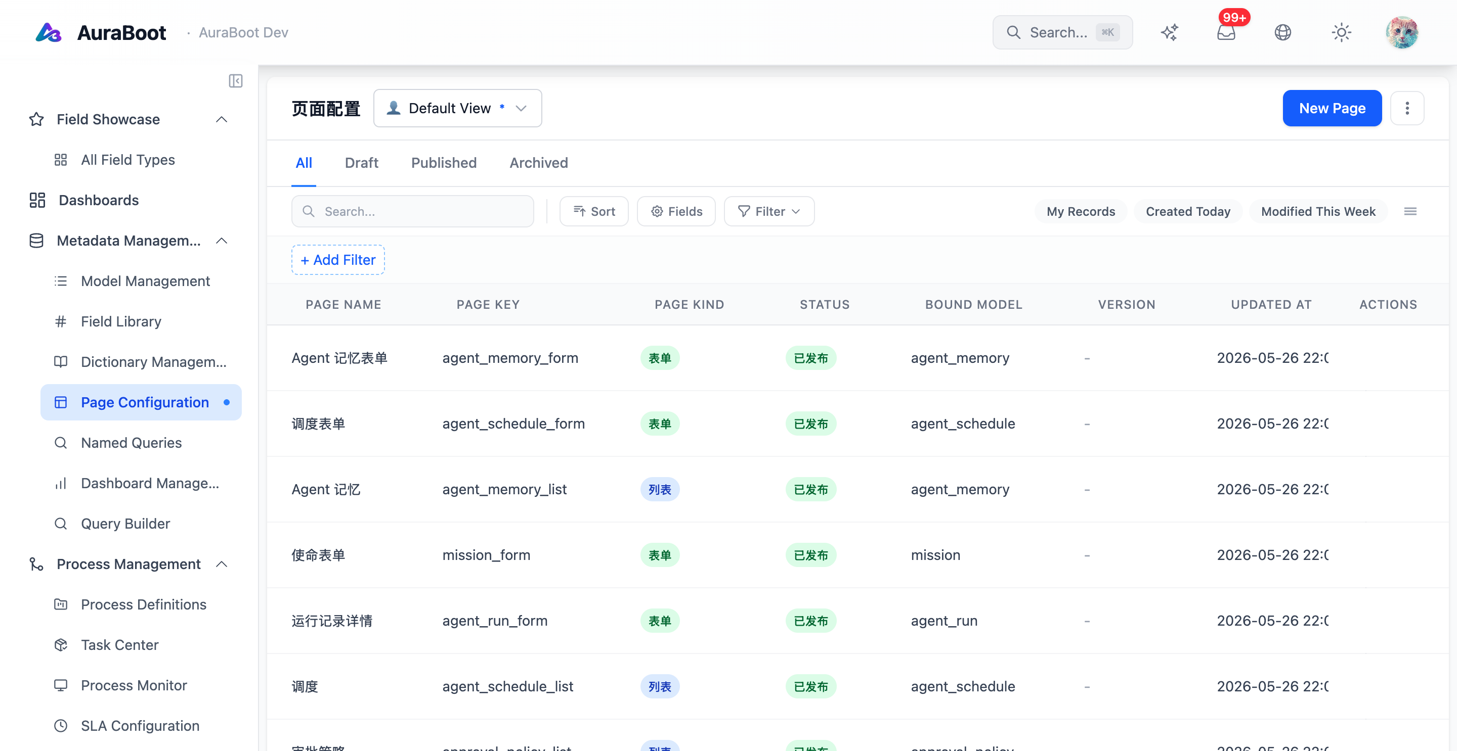 Page Configuration listing