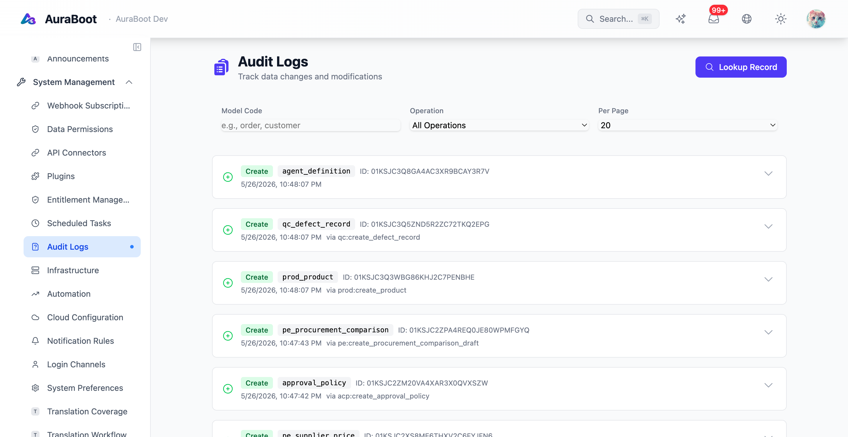 Audit log feed (one of the observability streams)
