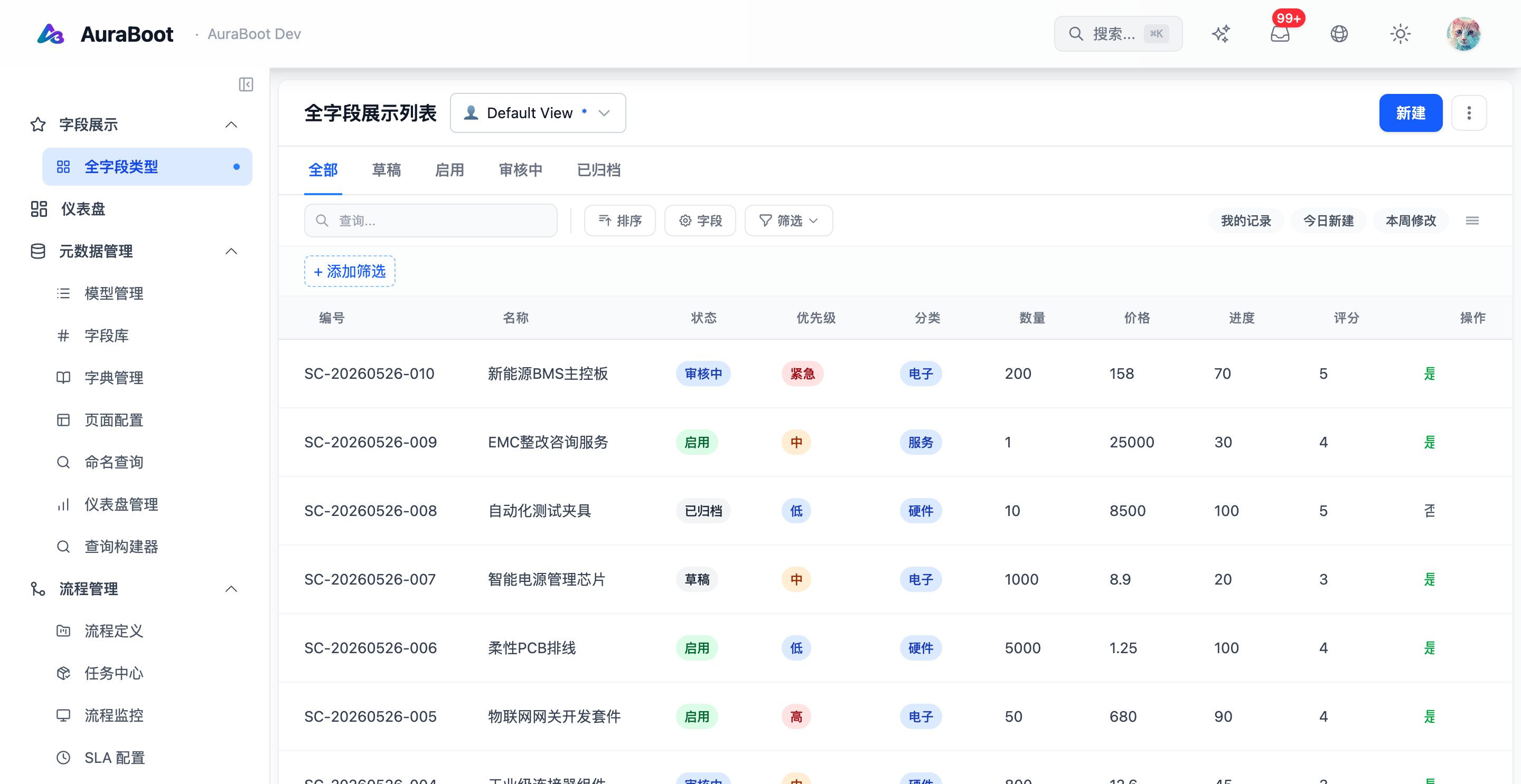 全字段展示列表 —— showcase 插件的列表渲染:顶部按状态分页签(全部/草稿/启用/审核中/已归档),状态与优先级带字典语义色,进度/评分以专用列渲染,全部由 DSL 声明